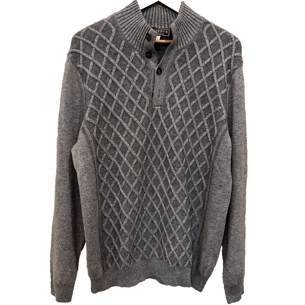 Patrick James Reserve Cashmere Sweater Mens XL Gray Diamond Pattern Mock Neck